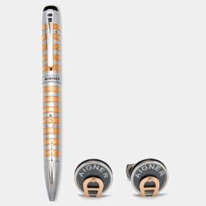Aigner Two Tone Striped Ballpoint Pen, Cufflinks & Card Holder Set