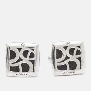 Aigner Logo Leather Silver Tone Cufflinks