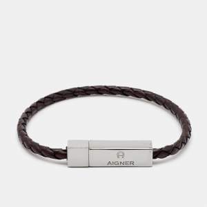 Aigner Braided Leather Silver Tone Bracelet