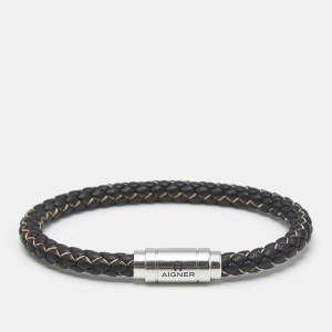 Aigner Braided Leather Silver Tone Bracelet