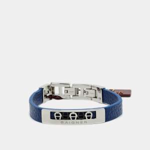 Pre Owned Aigner Logo Leather Gunmetal Tone Stainless Steel Bracelet
