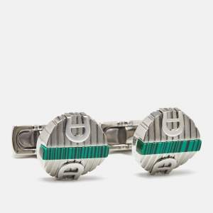 Pre Owned Aigner Logo Green Inlay Textured Silver Tone Round Cufflinks
