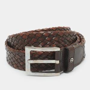 Pre Owned Aigner 110 cm Buckle Belt Brown Woven Leather