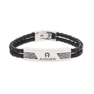 Aigner Brown Braided Leather Logo Bar Bracelet