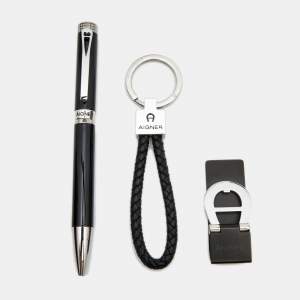 Aigner Black Resin Silver Tone Ballpoint Pen Money Clip Keychain Gift Set