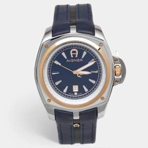 Aigner Blue Two Tone Stainless Steel Leather Lucca A18100 Men's Wristwatch 45 mm