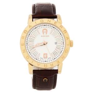 Aigner Silver Gold Plated Stainless Steel Leather Cortina A26000 Men's Wristwatch 42 mm