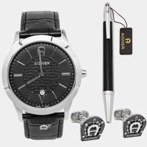 Aigner Black Stainless Steel Leather Treviso A44000 Men's Wristwatch 42 mm Cufflinks and Pen Set 