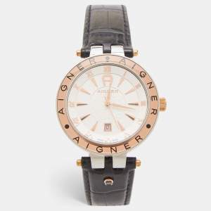 Aigner Silver Two Tone Stainless Steel Leather Murano A35100 Men's Wristwatch 40 mm 