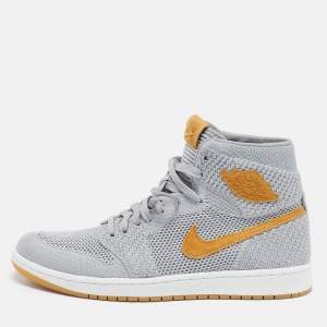 Air Jordans Grey Knit Fabric Jordan 1 Retro High Flyknit Wolf Grey Sneakers Size 43