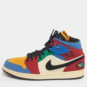 Pre Owned Air Jordans Multicolor Suede and Corduroy Jordan 1 Mid SE Fearless Blue the Great Sneakers Size 45