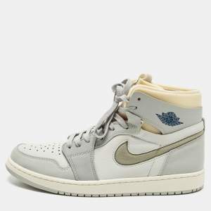 مملوكة مسبقًا حذاء رياضي اير جوردان 1 جلد رمادي وشبكة بعنق مرتفع مقاس 46