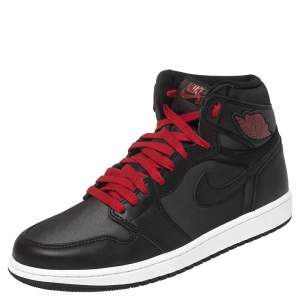Nike Black/Red Leather And Fabric Air Jordan 1 Retro High Top Sneakers Size 42.5