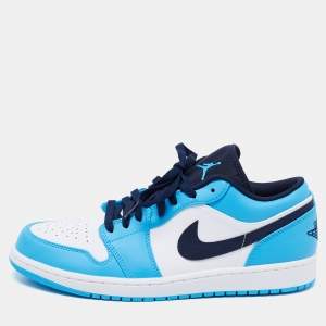Nike Air Jordan White/Blue Leather Jordan 1 Retro Low Top Sneakers Size 44