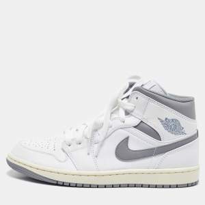 Air Jordan White/Grey Leather Jordan 1Mid Neutral Grey Sneakers Size 42