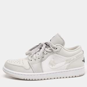 Pre Owned Air Jordan Grey/White Leather and Canvas 1 Low Top Sneakers Size 41