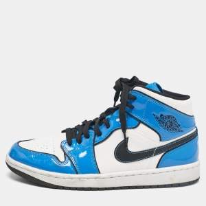 Air Jordans Multicolor Patent and Leather Jordan 1 Mid Signal Blue Sneakers Size 43