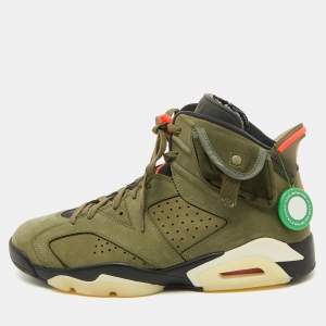 Air Jordans Olive Green Nubuck Leather 6 Retro Travis Scott Cactus Jack Sneakers Size 45