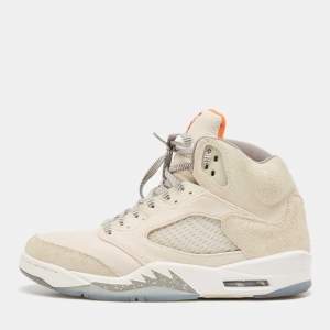 Pre Owned Air Jordans Cream Nubuck Leather and Suede Jordan 5 High Top Sneakers Size 44