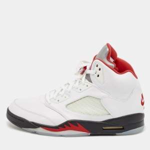 Air Jordans White Leather Jordan 5 Retro Fire Red Silver Tongue Sneakers Size 46