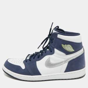 Air Jordans Navy Blue/White Suede and Leather Jordan 1 Retro High CO.JP Midnight Navy Sneakers Size 46