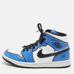 Air Jordans Blue/White Patent and Leather Jordan 1 Mid Signal Blue Sneakers Size 42