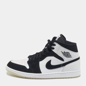 Pre Owned Air Jordans White/Black Leather and Durabuck Leather Jordan 1 Mid Diamond Shorts Sneakers Size 45