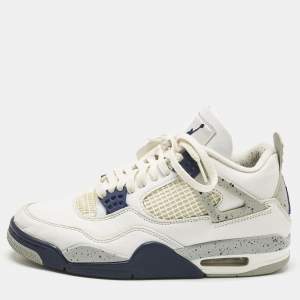 مملوكة مسبقًا Air Jordans White Leather Jordan 4 Retro Midnight Navy Sneakers Size 41