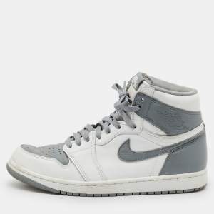 Pre Owned Air Jordans White/Grey Leather Jordan 1 Retro High OG Stealth Sneakers Size 44.5