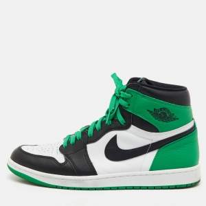 Pre Owned Air Jordans Green/Black Leather Jordan 1 Retro High OG Lucky Green Sneakers Size 45