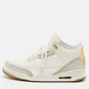 Pre Owned Air Jordans White/Grey Leather Jordan 3 Retro Craft Ivory Sneakers Size 45.5