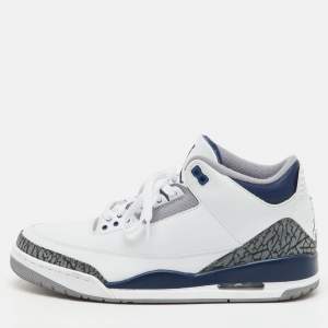 Pre Owned Air Jordans White/Navy Blue Leather Jordan 3 Retro Midnight Navy Sneakers Size 45