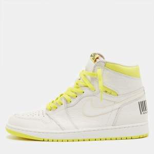 Pre Owned Air Jordans Jordan 1 Retro High First Class Flight Size 46 White/Yellow Leather High Top Sneakers