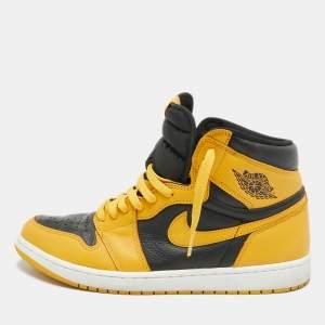 Pre Owned Air Jordans 1 Retro High OG Pollen Size 46 Yellow/Black Fabric and Leather High Top Sneakers