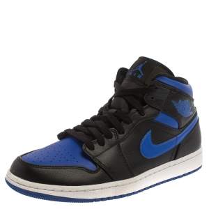 Air Jordan Black/Blue Leather And Nylon Air Jordan 1 Retro Royal Toe High Top Sneakers Size 43