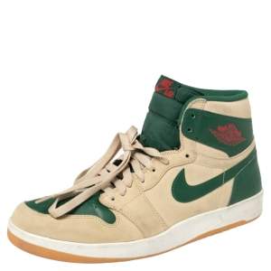 Nike Beige/Green Leather And Suede Air Jordan 1 Retro High Top Sneakers Size 43