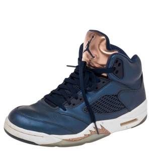 Air Jordan Metallic Blue/Bronze Leather Retro 5 Sneakers Size 41
