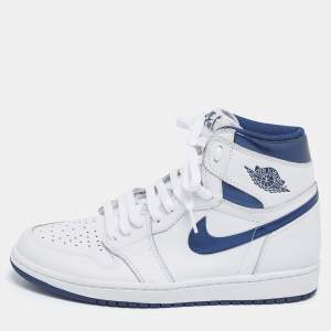 Air Jordans White/Metallic Navy Blue Leather Jordan 1 Retro High OG Sneakers Size 42