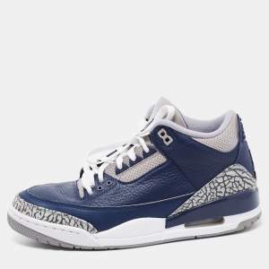 Air Jordan Navy Blue/Grey Leather 3 Retro Sneakers Size 42.5