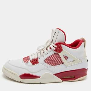 Air Jordans White/Red Leather and Fabric 4 Retro Fire Red Lace Up Sneakers Size 45
