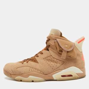 Pre Owned Air Jordans Beige/Brown Suede and Canvas Retro 6 Travis Scott High Top Sneakers Size 47