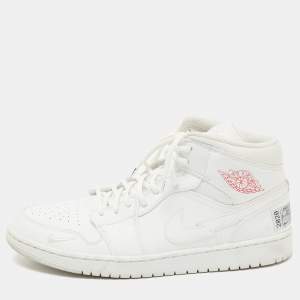 Pre Owned Air Jordan White Leather Jordan 1 Mid SE Nike Swoosh On Tour Sneakers 47.5 