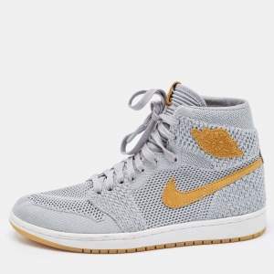 Air Jordan 1 Grey/Yellow Knit Fabric Flyknit Retro High OG Sneakers Size 40