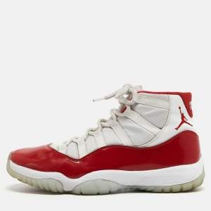 Air Jordans White/Red Canvas And Leather Jordan 11 Retro High Sneakers Size 44