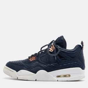 Air Jordans Navy Blue Leather Jordan 4 Retro Obsidian Sneakers Size 44