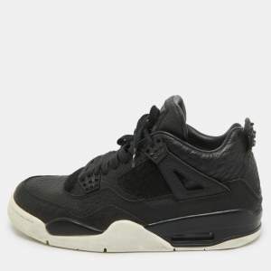Pre Owned Air Jordans Black Leather and Pony Hair Jordan 4 Retro Sneakers Size 43