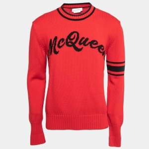 Alexander McQueen Red Logo Patterned Cotton Knit Crew Neck Sweater M 
