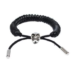 Pre Owned Alexander McQueen Skull Charm Woven Black Leather Silver Tone Adjustable Bracelet 