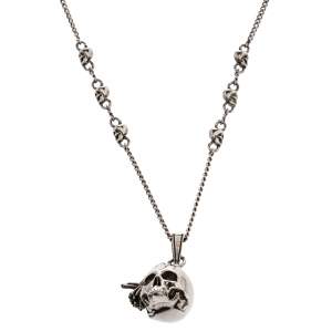 Alexander McQueen Raven And Skull Silver Tone Pendant Necklace