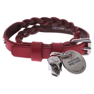 Pre Owned Alexander McQueen Red Leather Silver Tone Wrap Bracelet